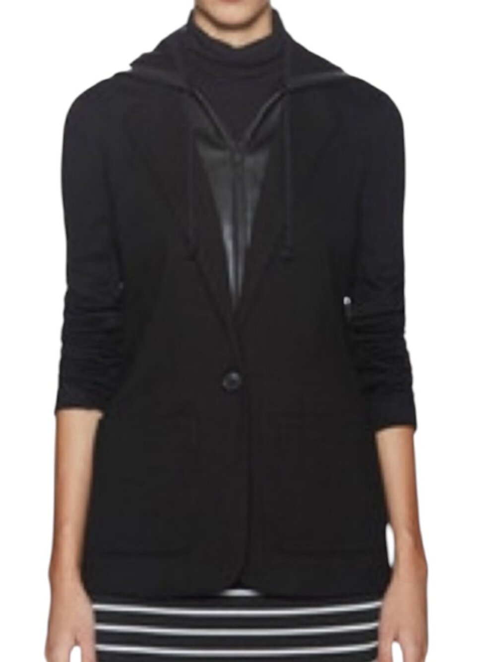Bailey 44 Ella BlazerJacket Hooded Knit Faux Leather Zip Front Black M